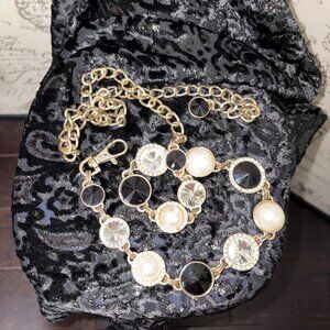 RETRO Gold Chain Link Hip Waist Belt, circle links black white pearl gemstones
